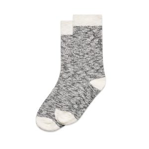 A pair of grey slub socks with cream accents. Includes two pairs in total. Features a logo on the band.