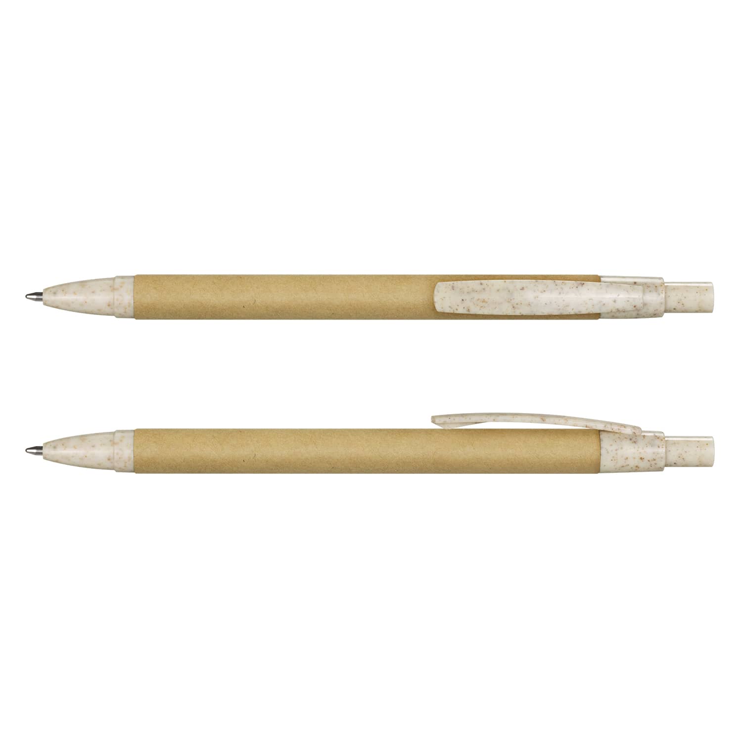 A kraft pen with a biodegradable body and a white plastic tip and clip. It features a logo on the pen body. Choice Kraft Pen - Image 1