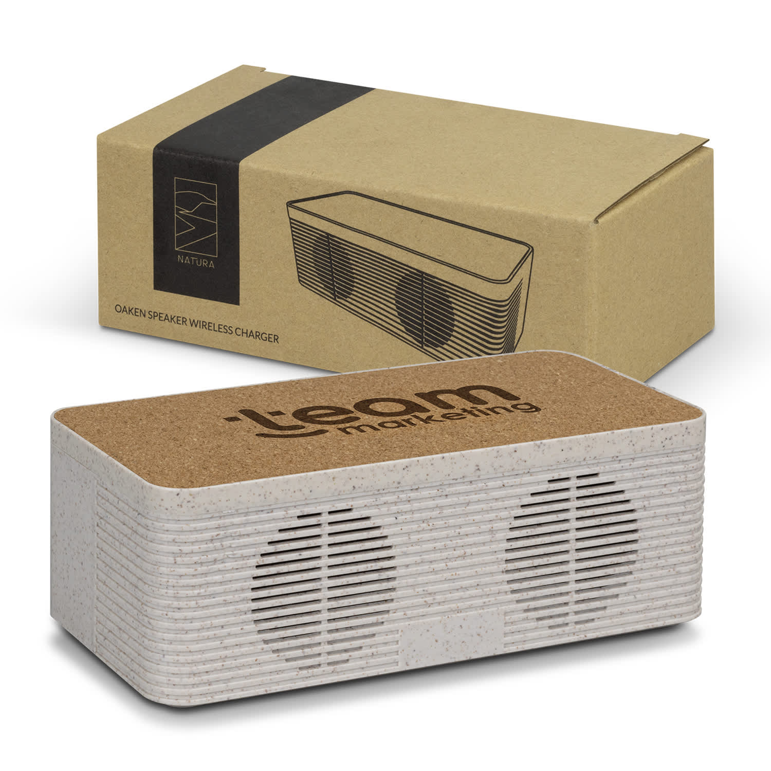 A wireless charger and speaker in grey with a cork top, displayed with its brown packaging. NATURA Oaken Speaker Wireless Charger - Image 1