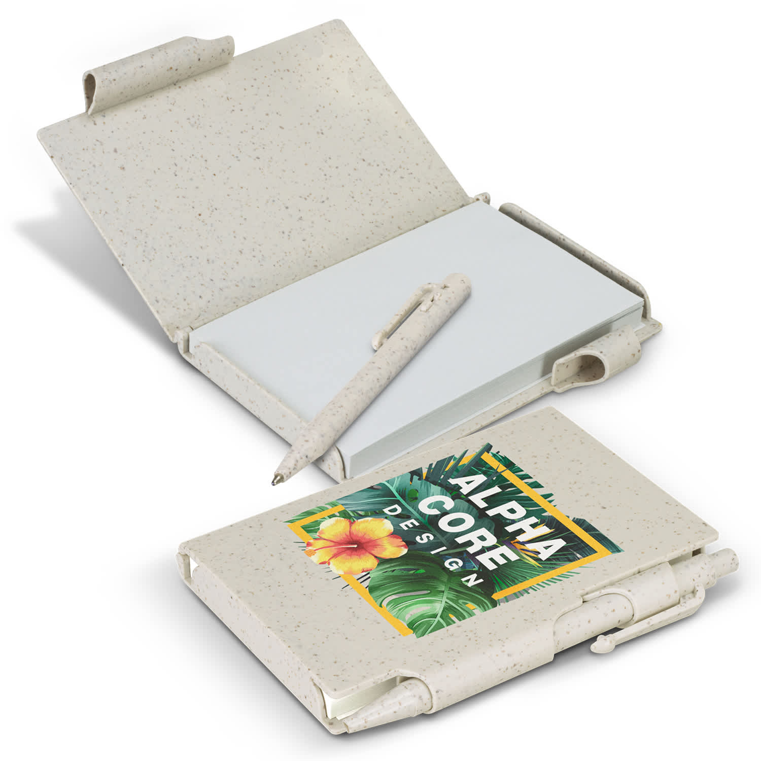 A natural-coloured notebook with a pen, featuring a simple design and a logo on the cover. Pocket Rocket Notebook - Natural - Image 1