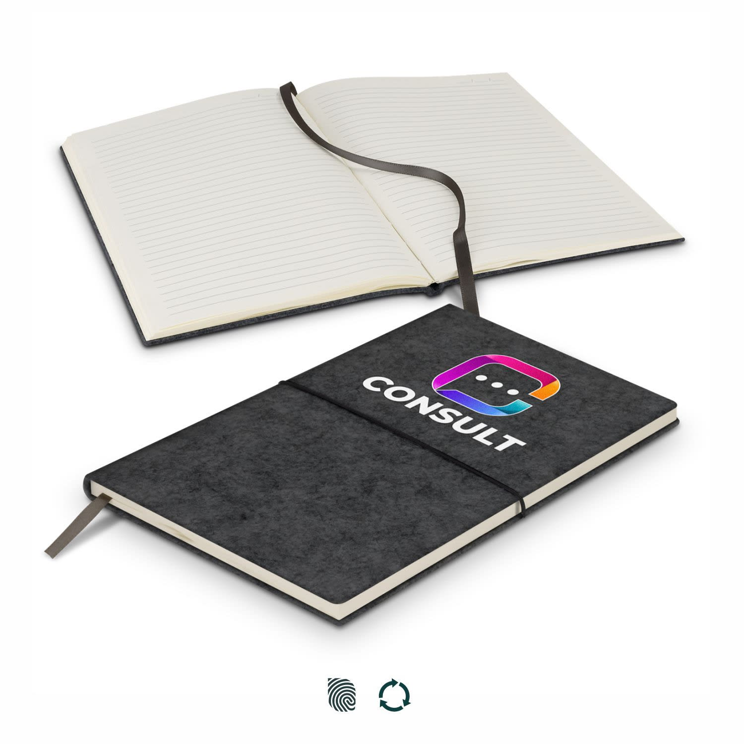 A black RPET felt soft cover notebook with a ribbon bookmark, featuring a logo on the front and blank pages inside. RPET Felt Soft Cover Notebook - Image 1