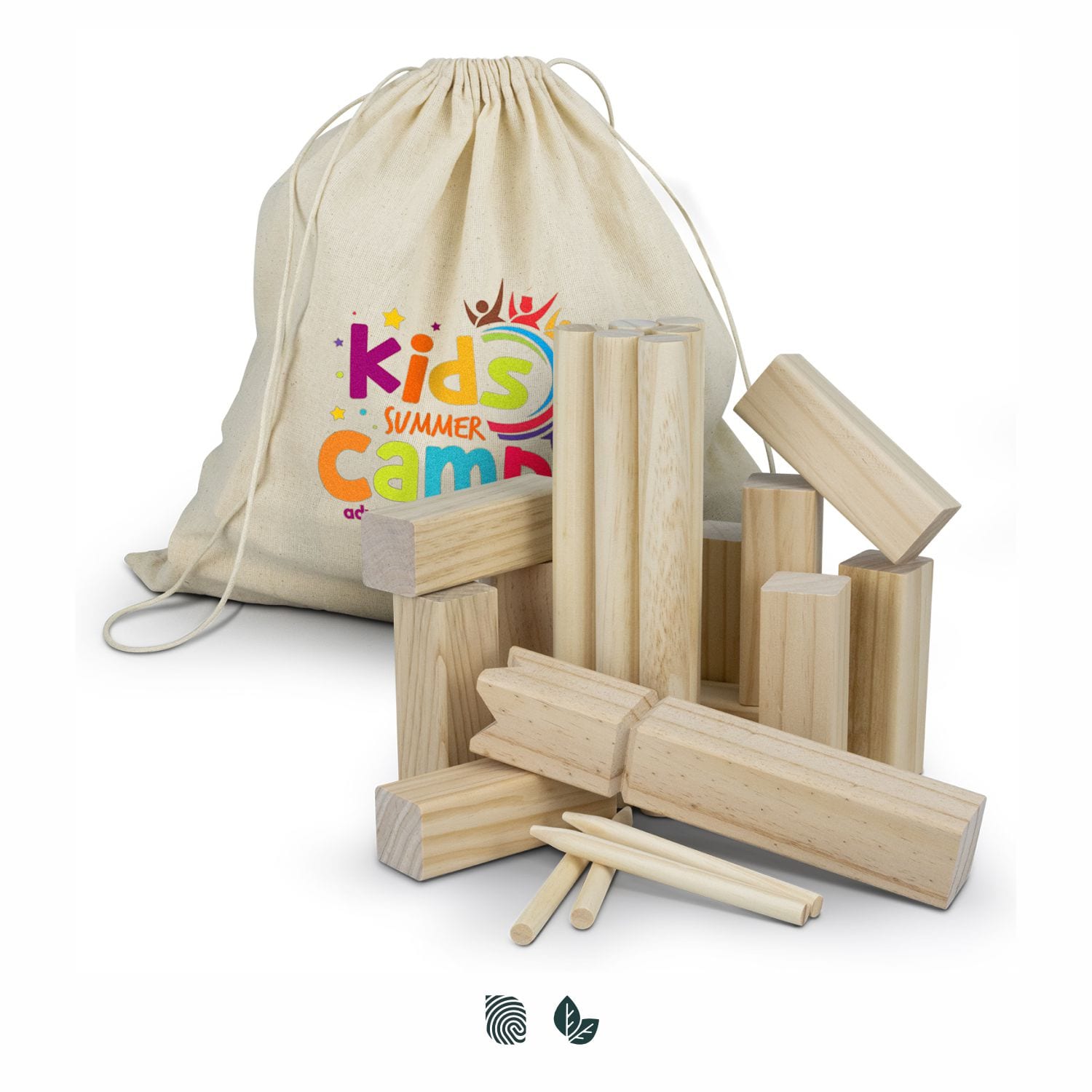 A set of natural wooden blocks in a cotton bag, including various shapes and sizes for the Kubb game. Kubb Wooden Game - Image 1