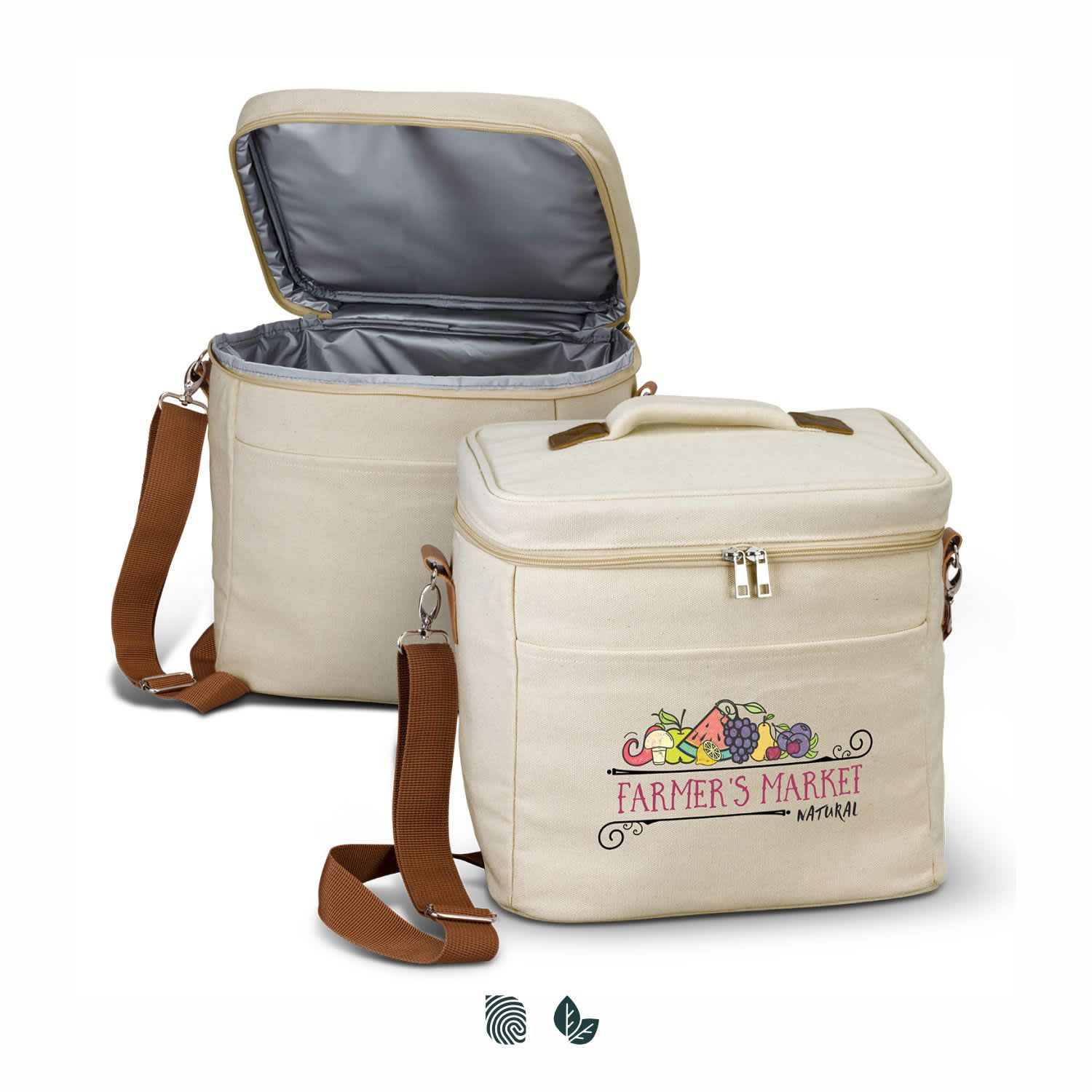 A cream cooler bag with a zip closure and a detachable shoulder strap. It features an interior lining and a logo. Colton Cooler Bag - Image 1