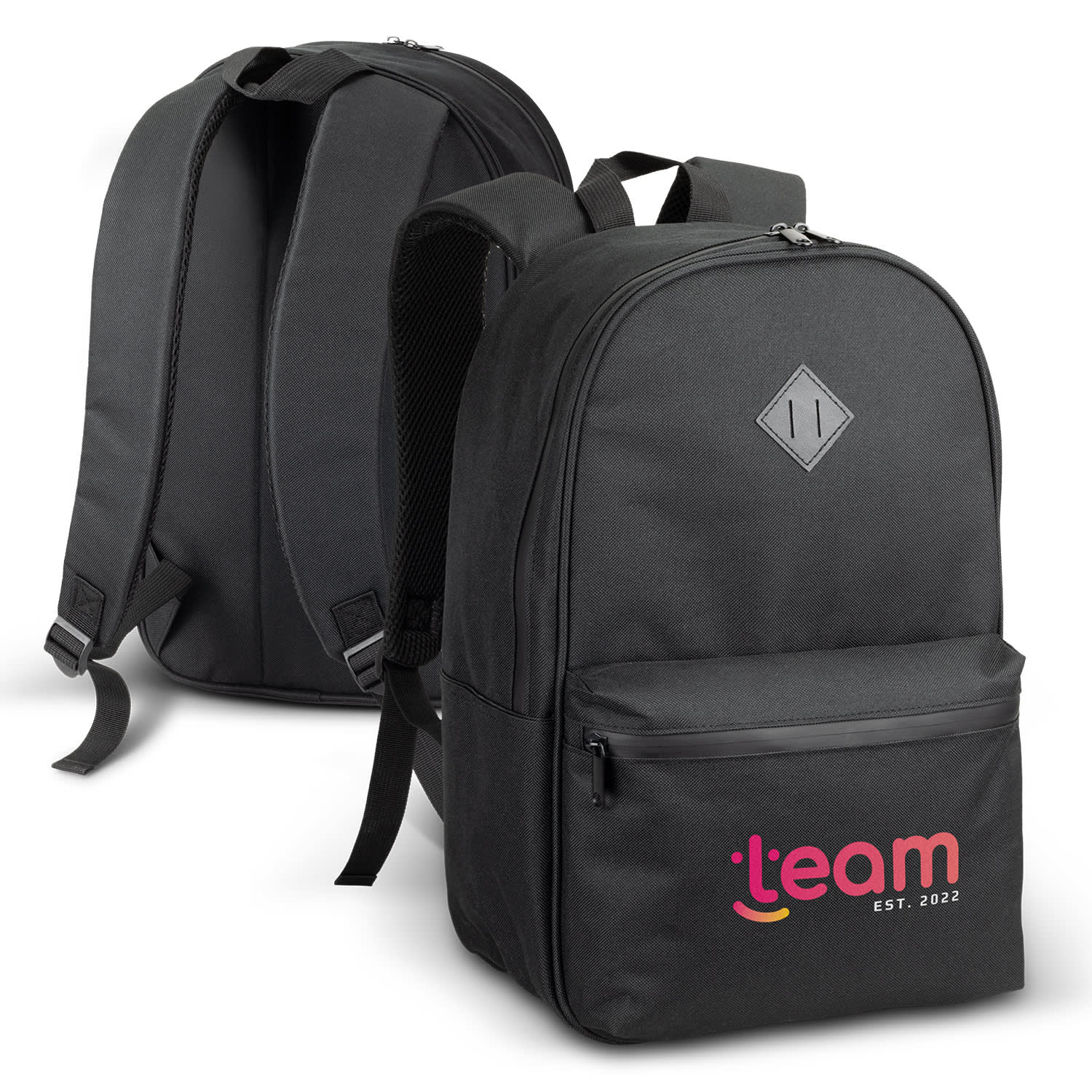 A black backpack featuring a branding logo, with padded shoulder straps and front pocket. Springs Backpack - Image 1