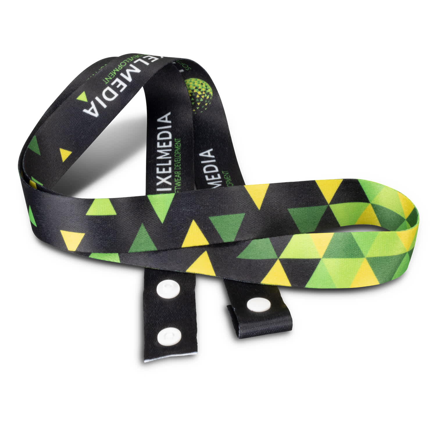 A mask lanyard featuring a black background with green and yellow triangle patterns, including a logo. Colour Max Mask Lanyard - Image 1