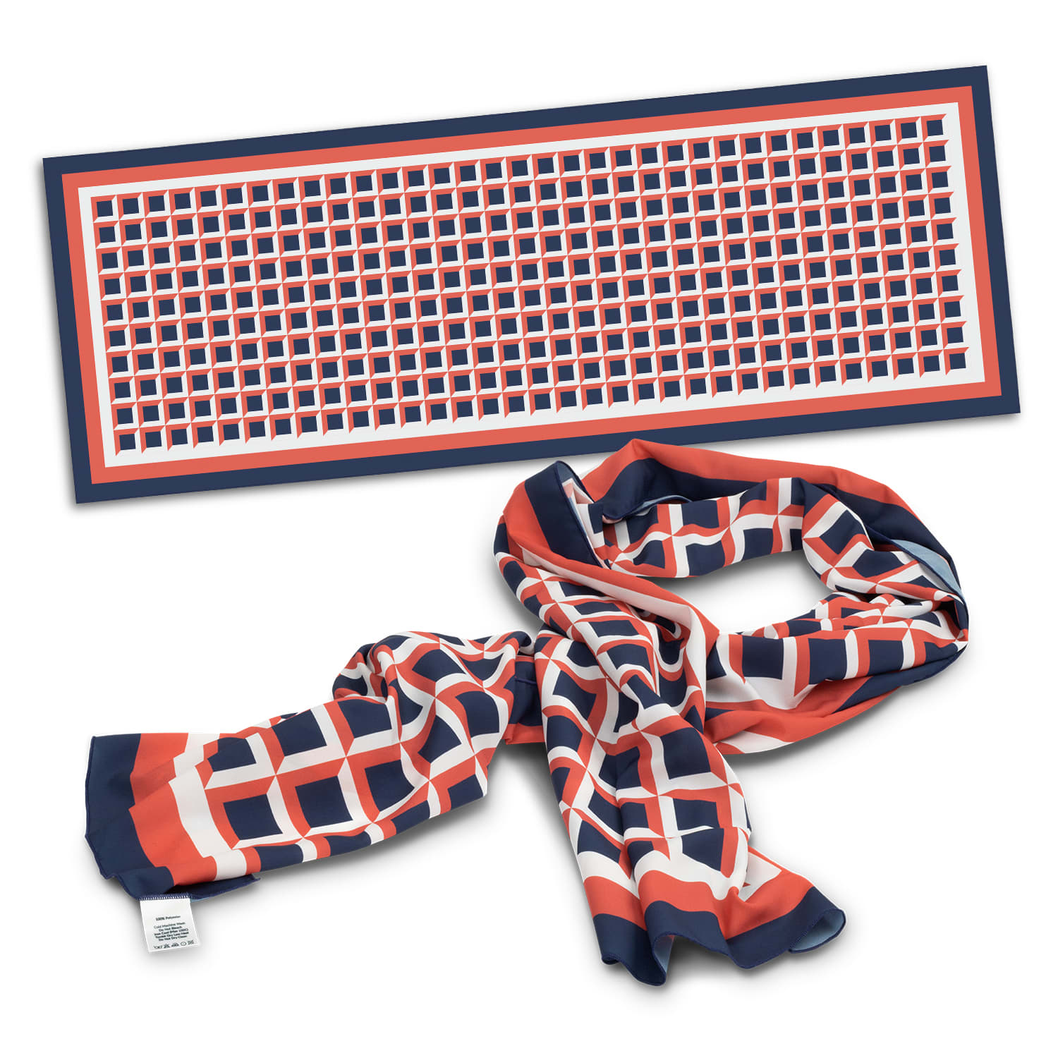 A vibrant Berlin Scarf featuring a geometric pattern in navy, red, and white, with a branding label. Berlin Scarf - Image 1