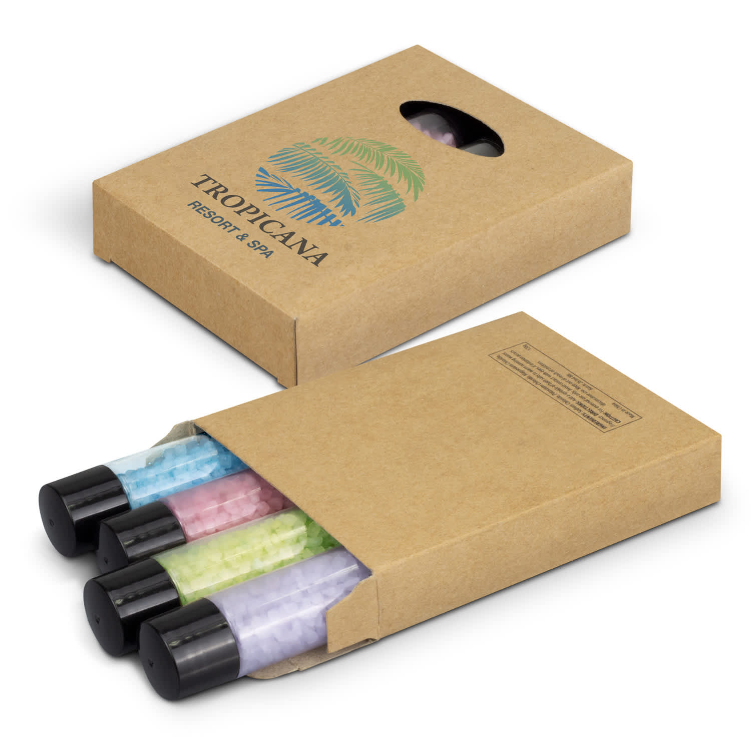 A set of three bath salts in pastel colours, packaged in a brown cardboard box with a logo. Spa Bath Salt Set - Image 1