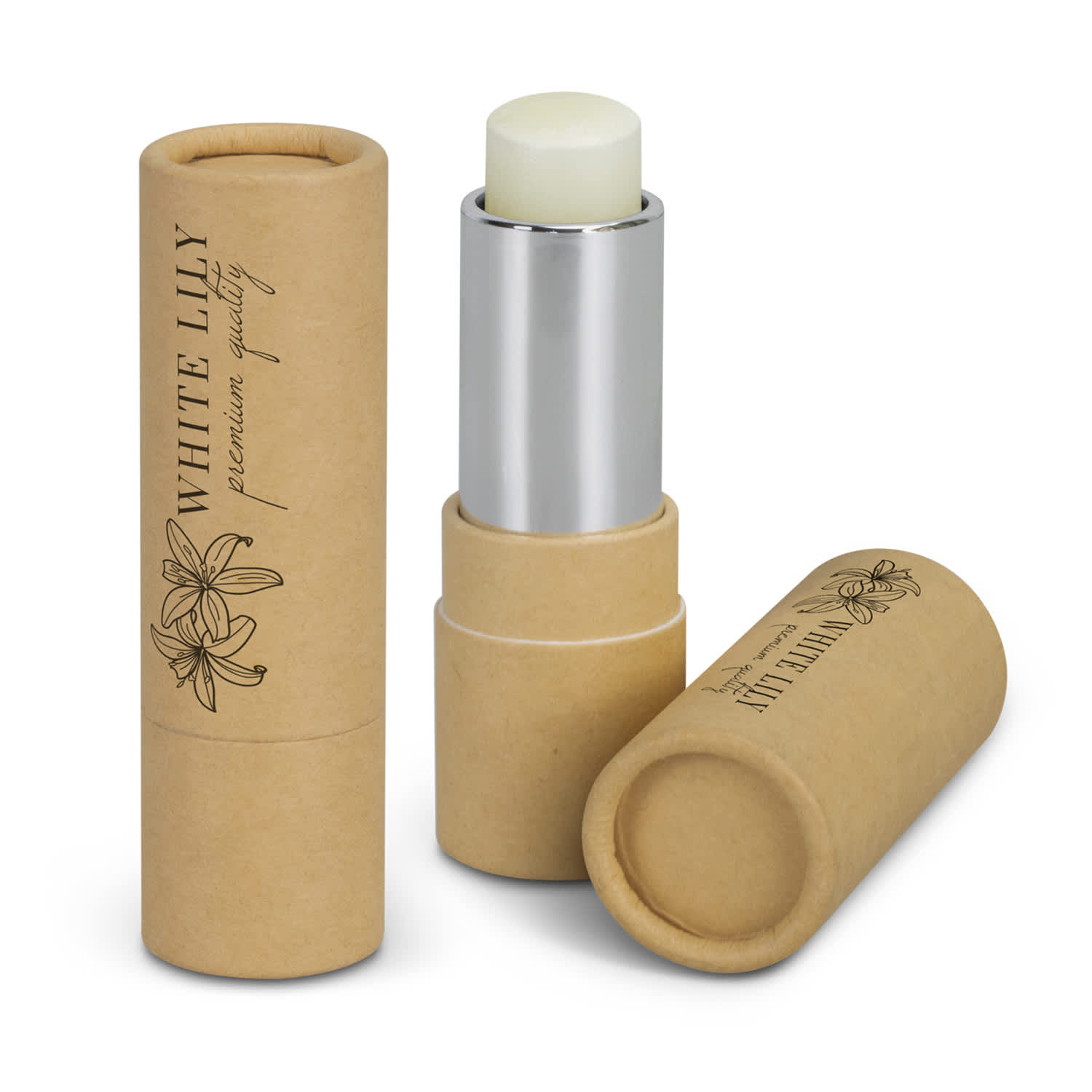 A kraft lip balm in a cylindrical cardboard tube, featuring a silver cap and a white balm inside. Kraft Lip Balm - Image 1