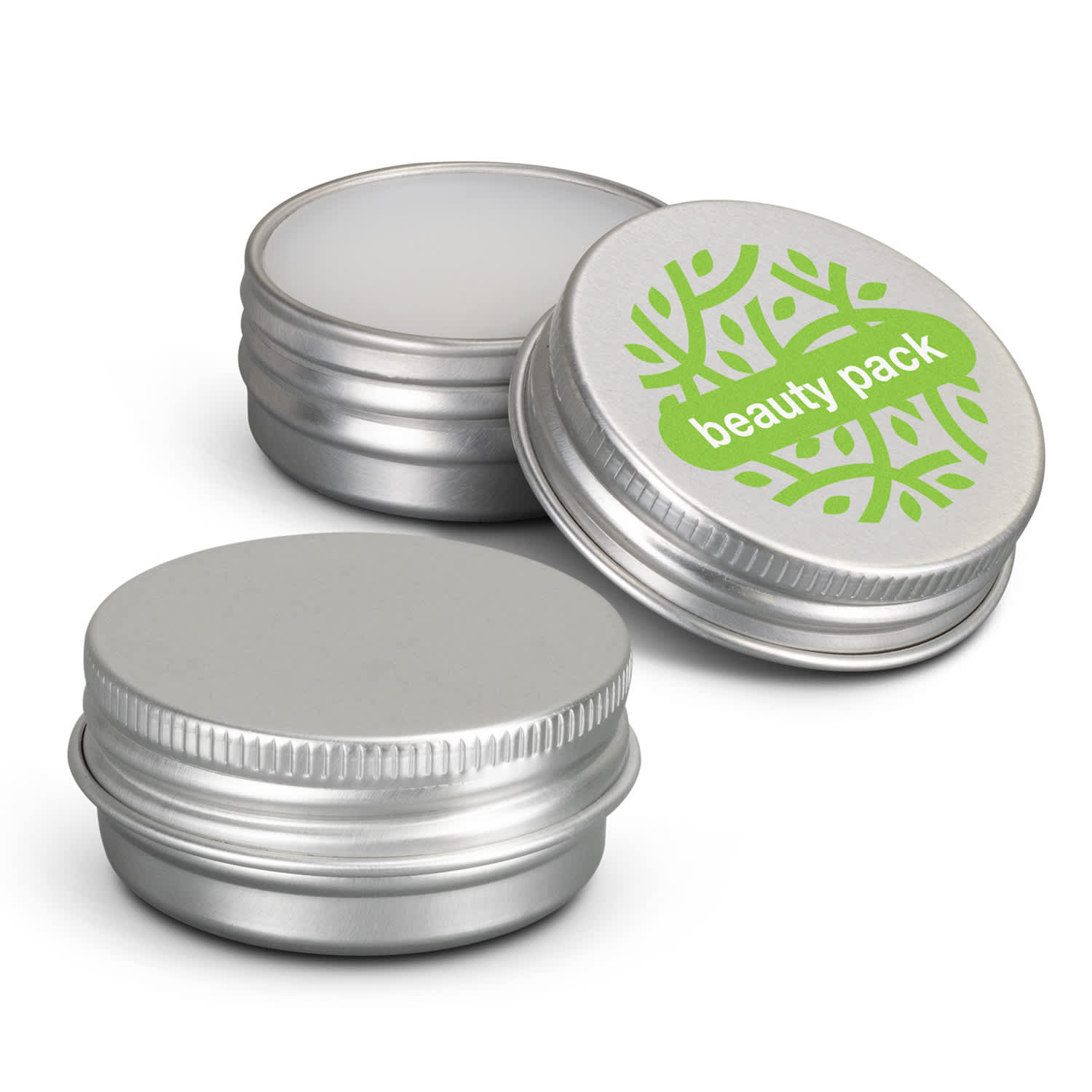 A silver lip balm tin with a smooth surface and one featuring a green logo. Three tins are pictured. Lip Balm Tin - Image 1