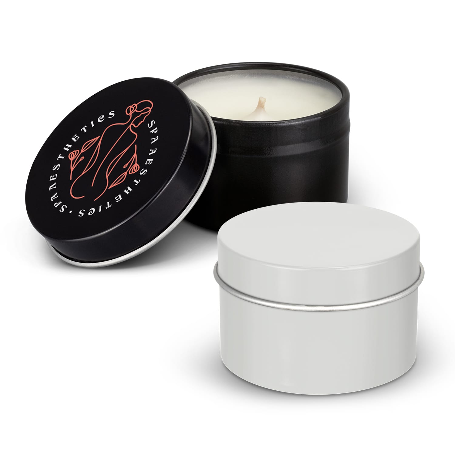 A black tin candle with a lid and a white tin candle, both showcasing a simple, elegant design. Suite Travel Candle - Image 1