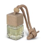 A glass bottle with a wooden top and a beige hanging cord, containing a clear liquid for a car air freshener.