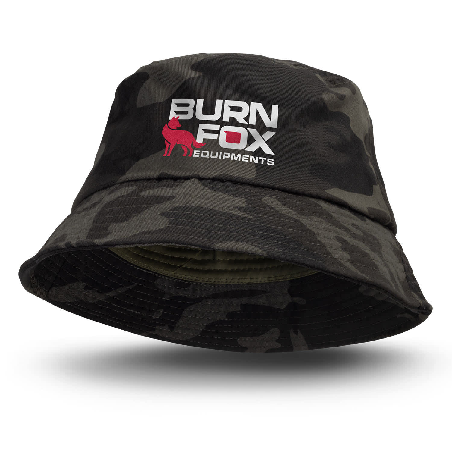 A camouflage bucket hat in dark green with a logo on the front. Camouflage Bucket Hat - Image 1