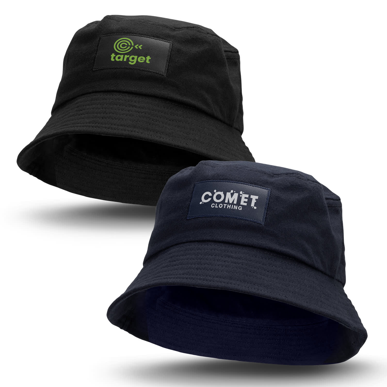A black bucket hat featuring two different patches, one green and one blue, both with branding elements. Bucket Hat with Patch - Image 1