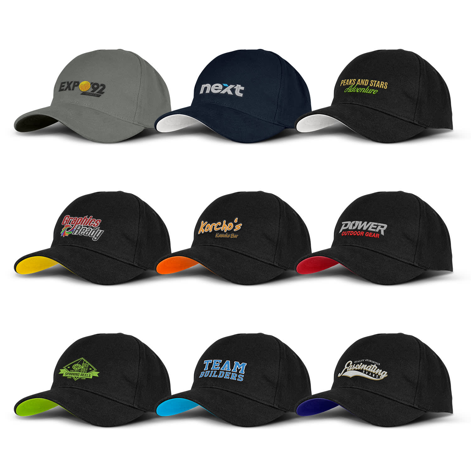 A collection of eight caps in various colours, featuring different logos and embroidered details on the front. Hornet Cap - Image 1