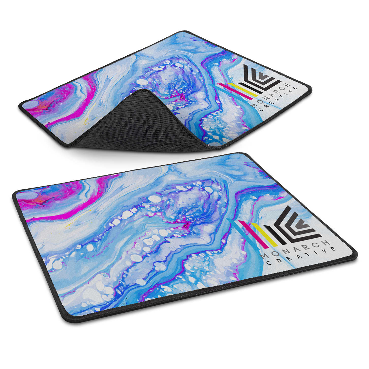 A mouse mat featuring a vibrant abstract design in blue, purple, and white, with a logo in the corner. Deluxe Mouse Mat - Image 1