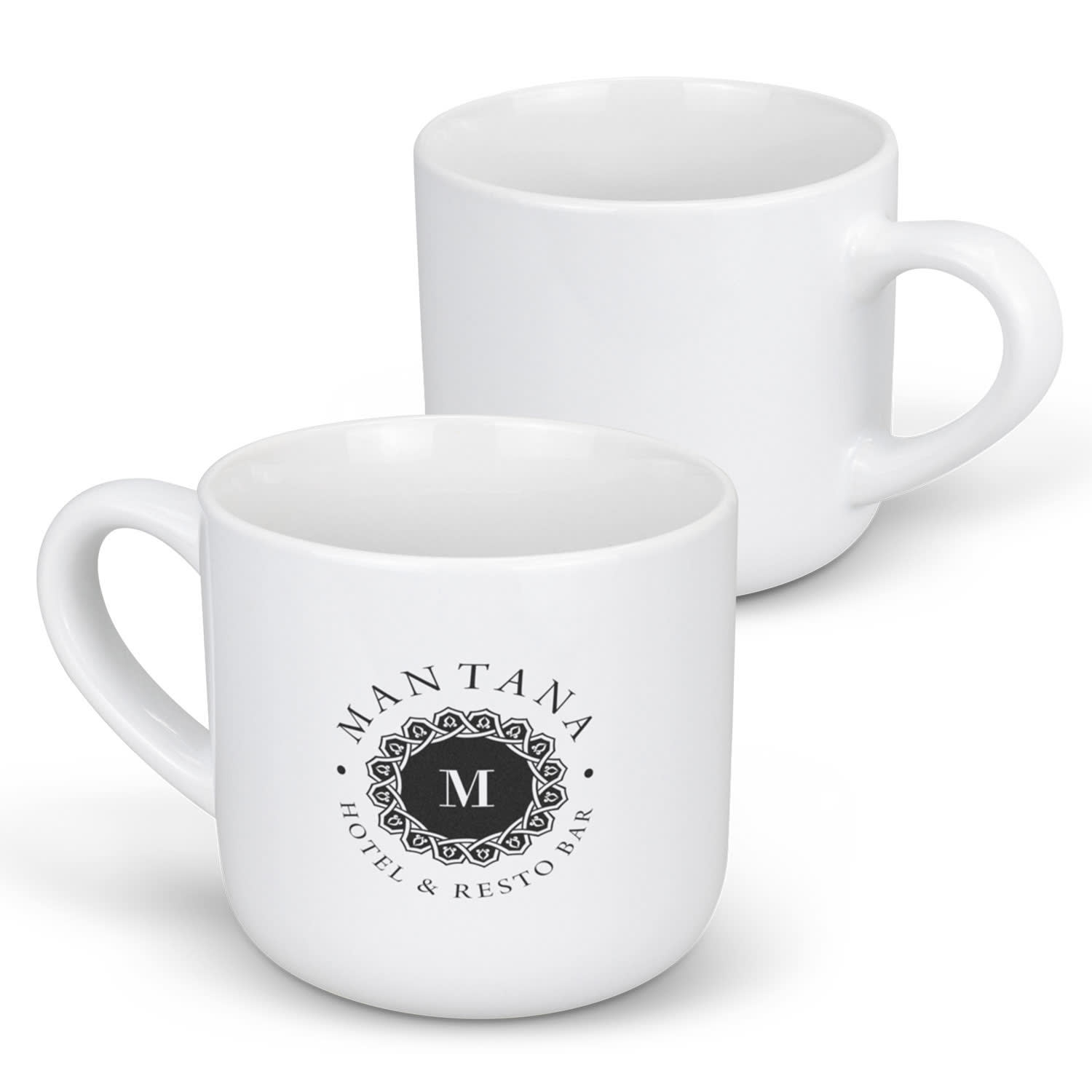 A white coffee mug featuring a circular logo with intricate designs. The mug has a comfortable handle. Brew Coffee Mug - Image 1