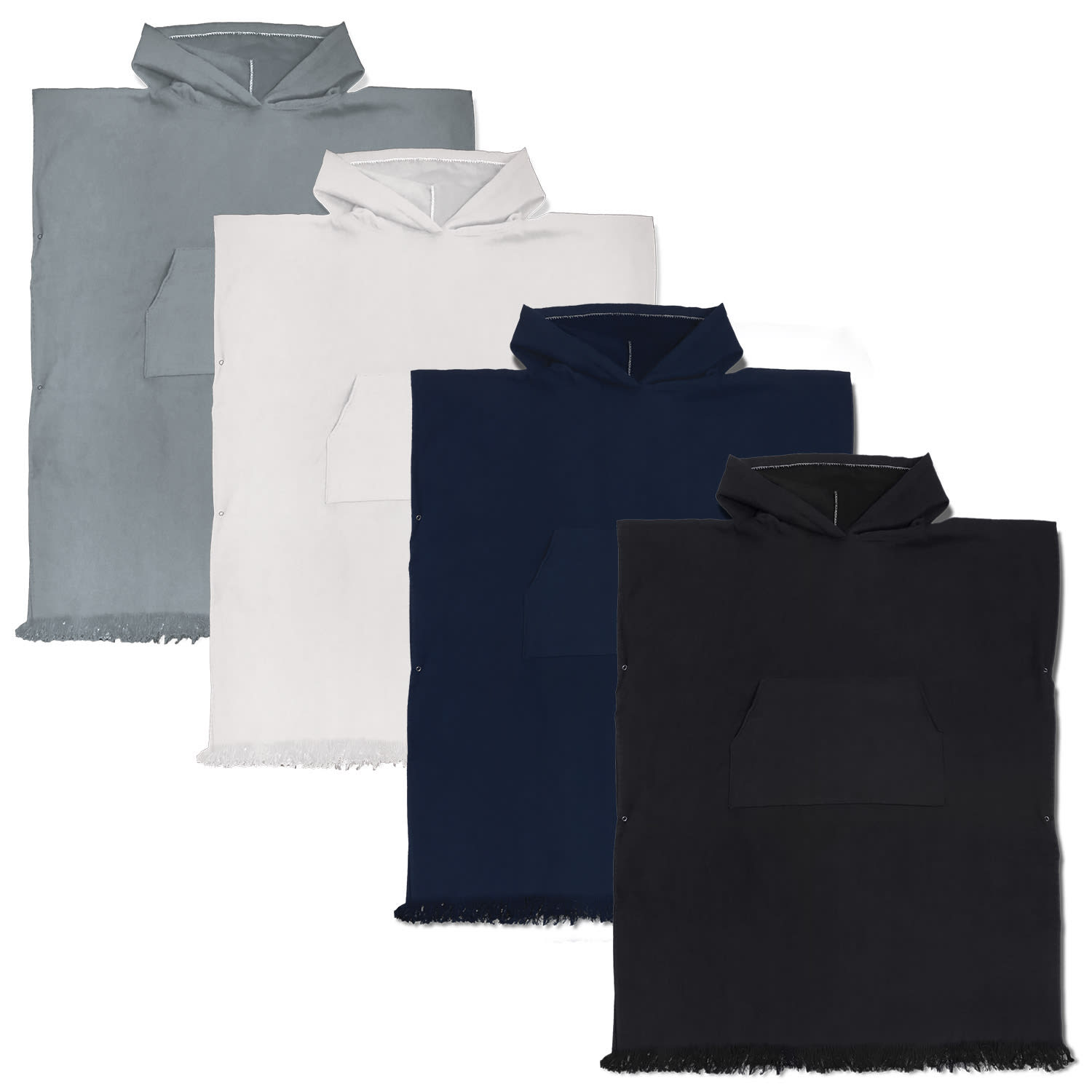 A hooded towel in grey, white, navy, and black, featuring a front pocket and fringed edges. The towel has a logo. Aruba Hooded Towel - Image 1