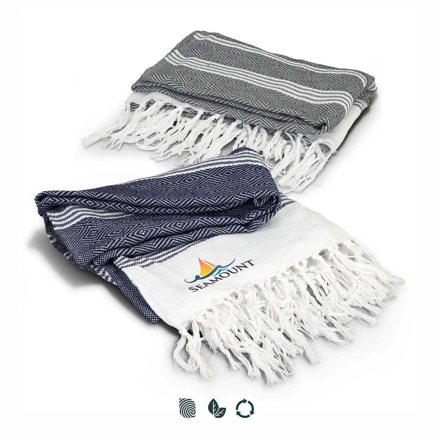 A set of two Ohau Throw Blankets in navy blue and white with fringe detailing and a logo. A set of two Ohau Throw Blankets in navy blue and white with fringe detailing and a logo.