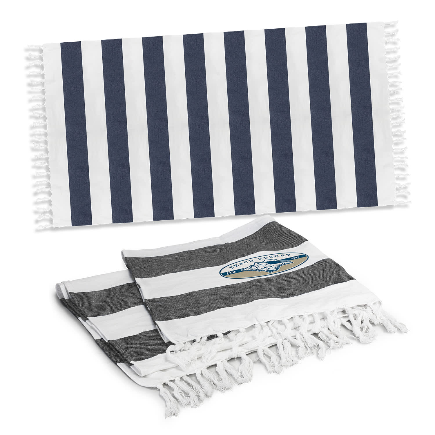 Striped cotton towels in navy blue and white, featuring fringe edges and a logo, displayed together. Okana Cotton Towel - Image 1