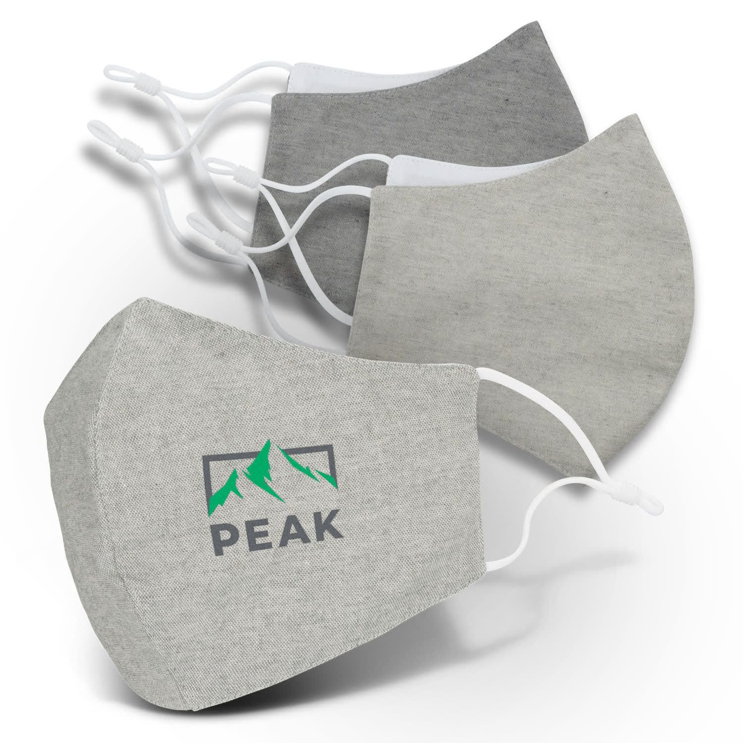 A set of linen face masks in grey tones, featuring white ear straps and a logo on one mask. Linen Face Mask - Image 1