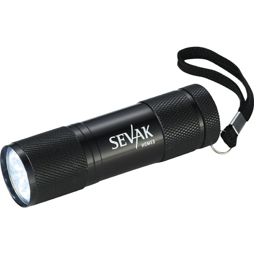 A black LED flashlight with a textured grip and a wrist strap, featuring a logo on the side. Gripper 9 LED Flashlight - Image 1