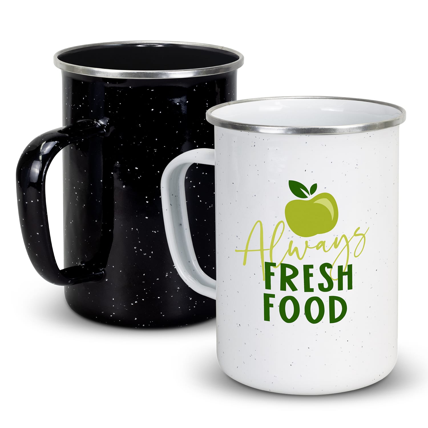A set of enamel mugs in black and white, featuring a green apple design on the white mug and a handle. Bendigo Enamel Mug - 600ml - Image 1