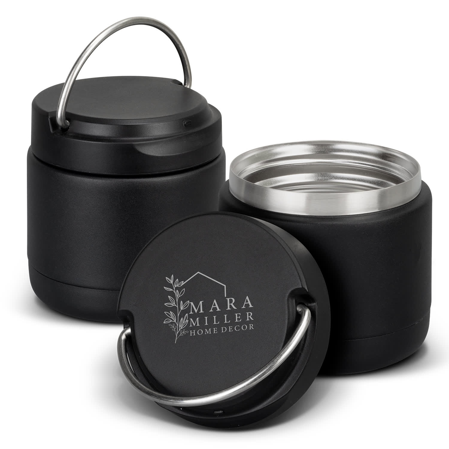 A drink bottle in matte black with a stainless steel interior, featuring a handle and a branding logo. Canmore Vacuum Flask - Image 1