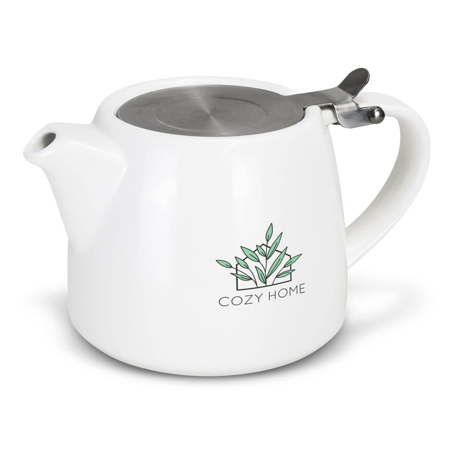 A white teapot with a stainless steel lid and a logo featuring green leaves. Chai Teapot - Image 1