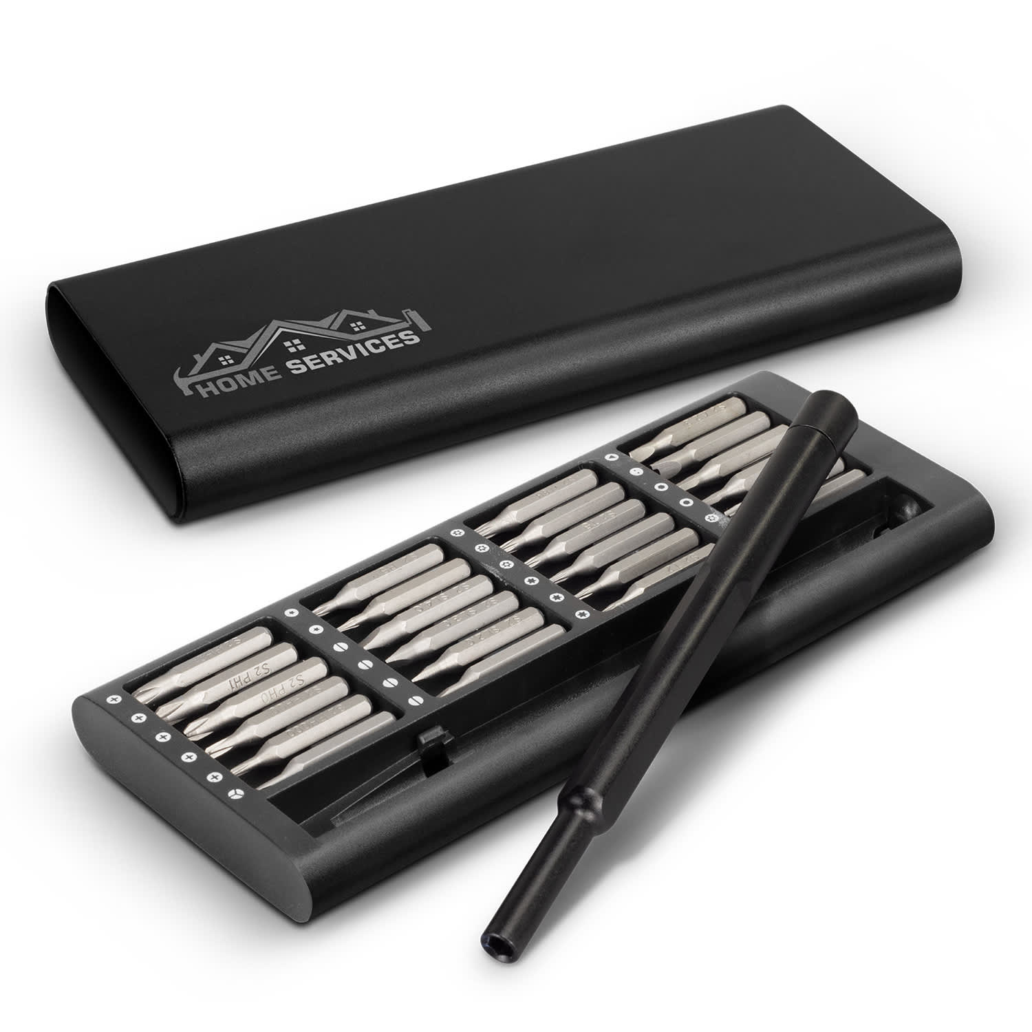 A black screwdriver set with multiple bits and a handle, housed in a sleek black case featuring a logo. Axis Screwdriver Set - Image 1