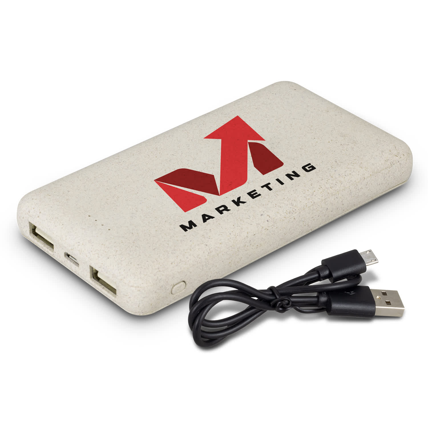 A light beige power bank with dual USB ports and a charging cable. It features a logo on one side. Alias Power Bank - Image 1