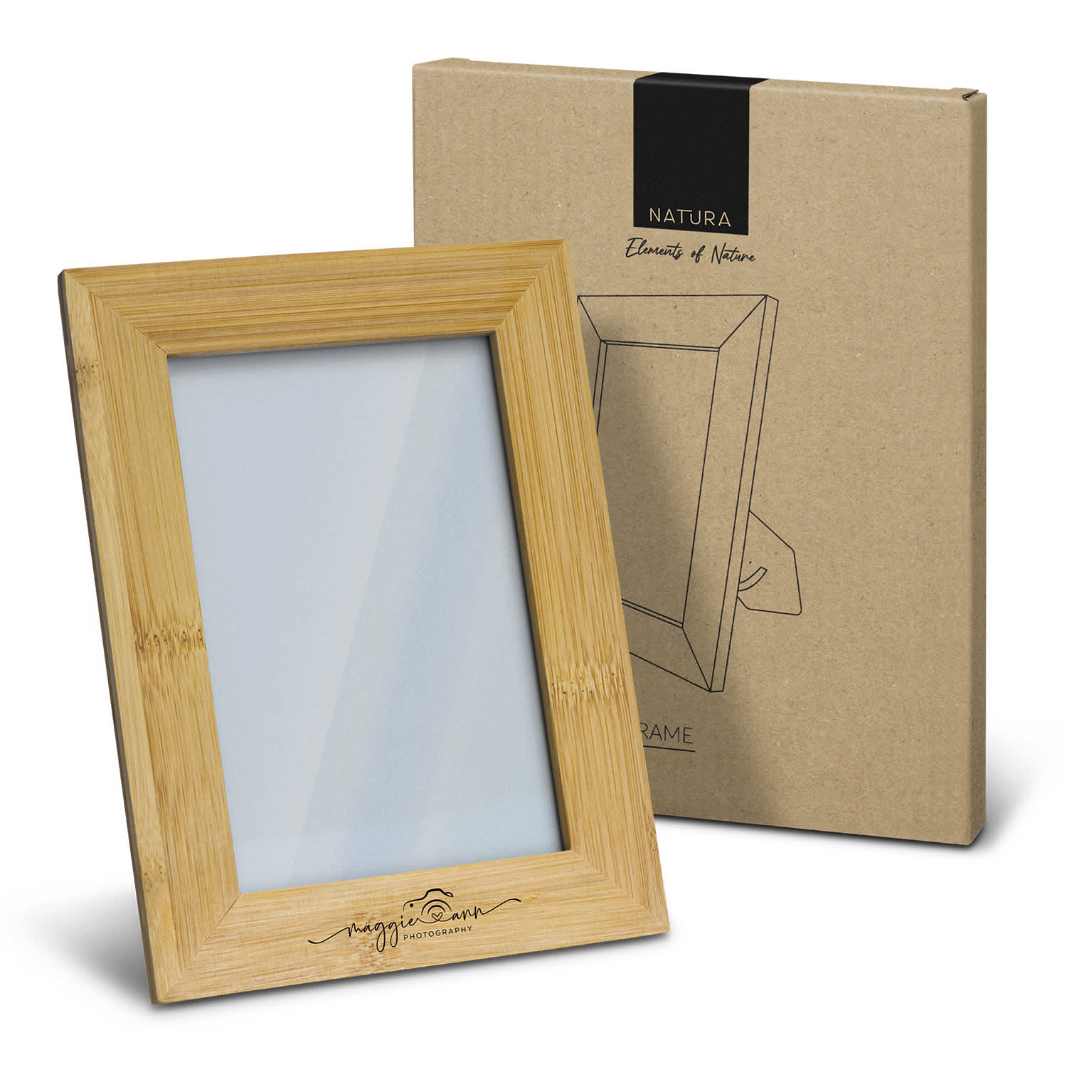 A wooden photo frame in a light brown bamboo finish, with a protective box featuring minimalistic design. NATURA Bamboo Photo Frame - Image 1