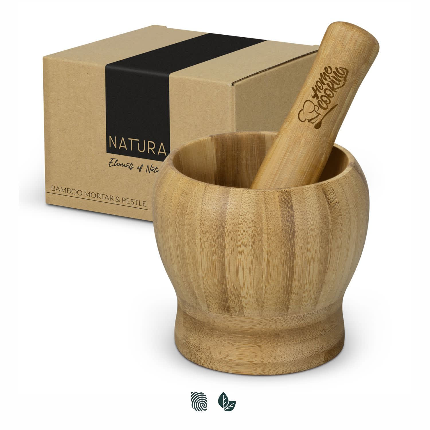 A bamboo mortar and pestle set in a natural wood finish, accompanied by a branded box. NATURA Bamboo Mortar and Pestle - Image 1
