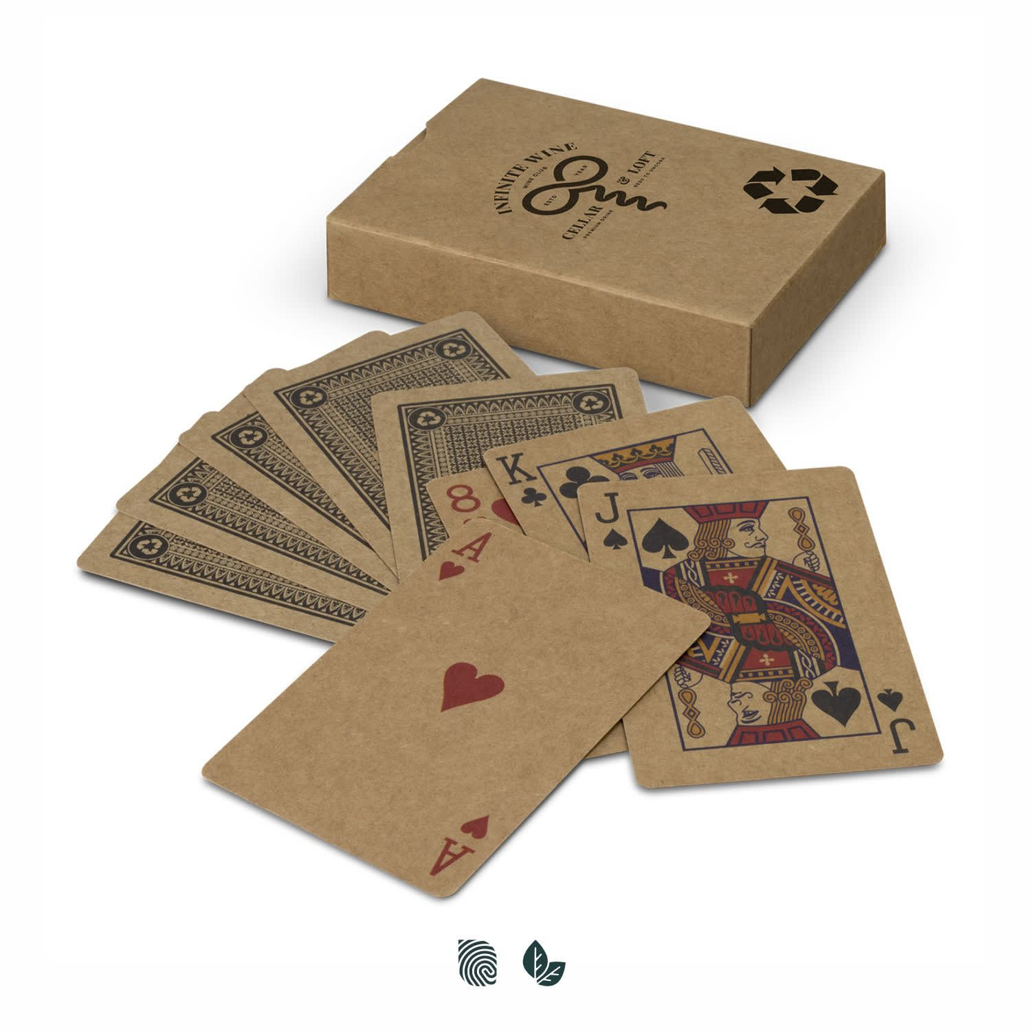 A set of Kraft playing cards displayed with a recyclable box, featuring brown tones and a simple design. Kraft Playing Cards - Image 1