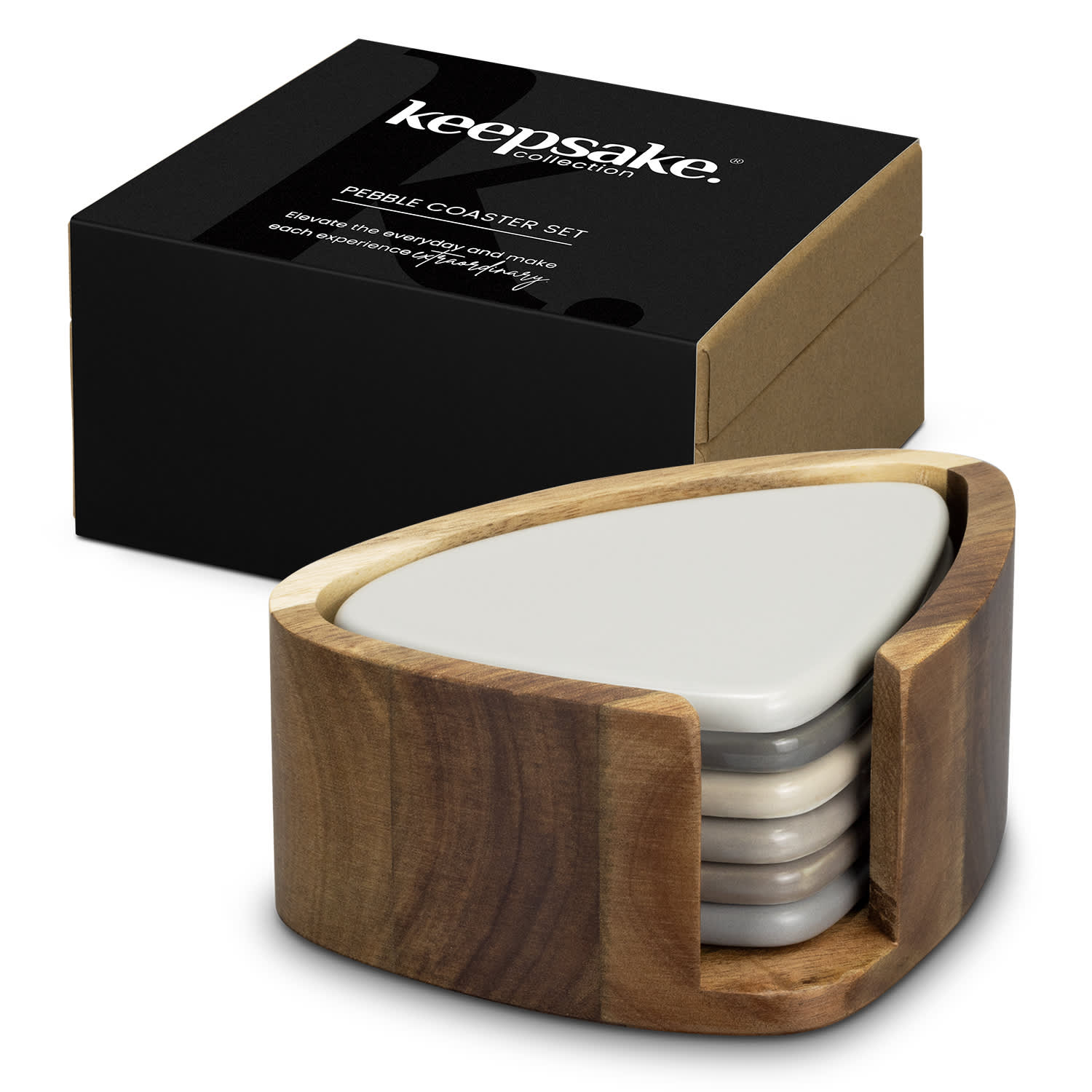 A set of five triangular grey coasters nestled in a wooden holder, packaged in a sleek black box with a logo. Keepsake Pebble Coaster Set - Image 1