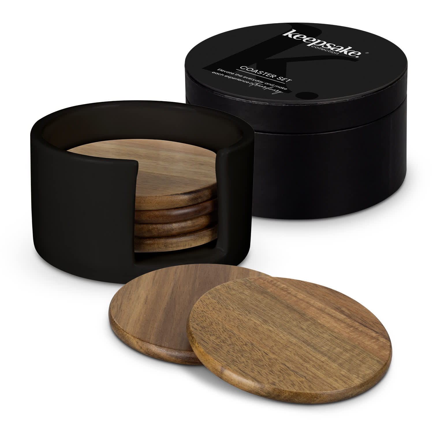 A round coaster set in various shades of brown, housed in a black circular box with a logo. Keepsake Coaster Set - Image 1