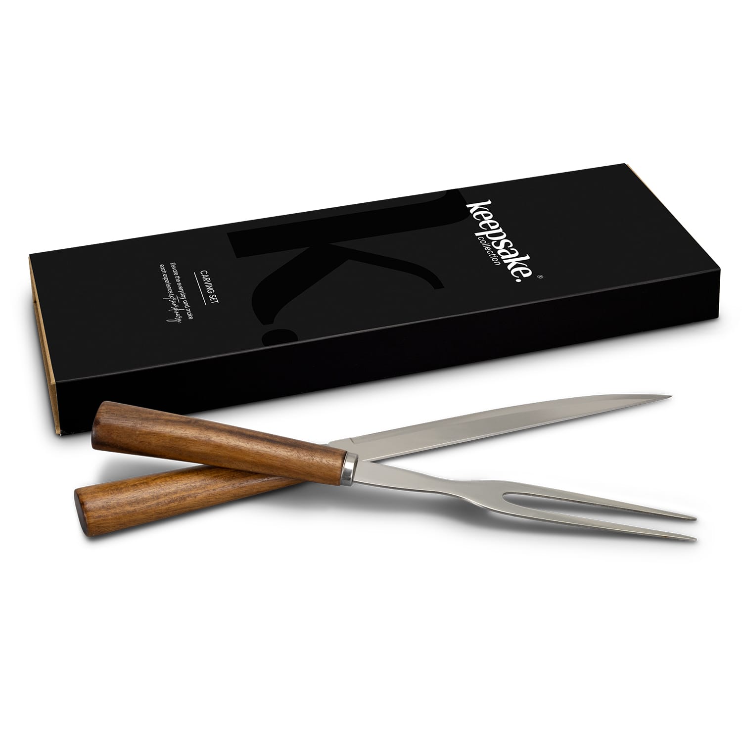 A stainless steel carving fork with wooden handles, packaged in a black box featuring a logo. Keepsake Carving Set - Image 1