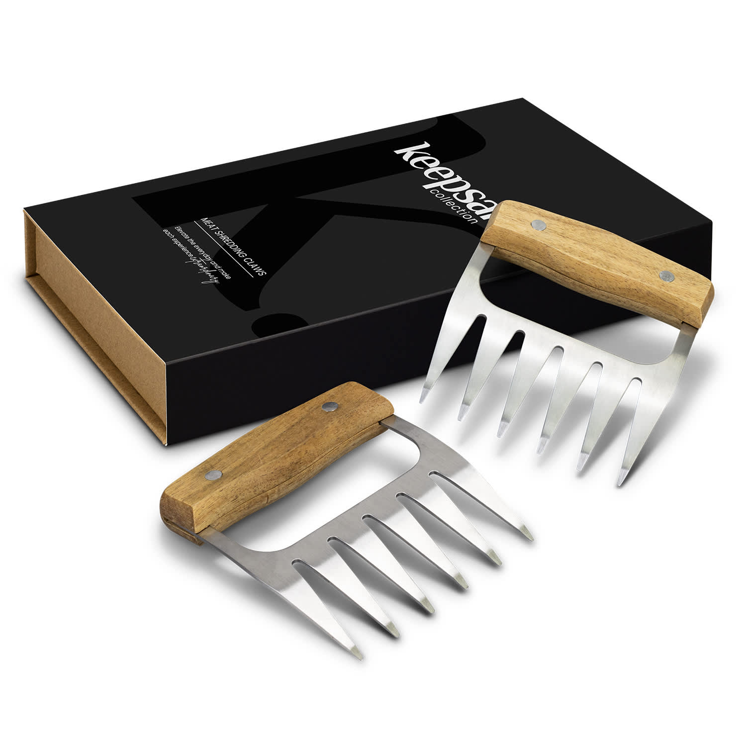 Two metal meat shredding claws with wooden handles, packaged in a sleek black box featuring a logo. Keepsake Meat Shredding Claws - Image 1