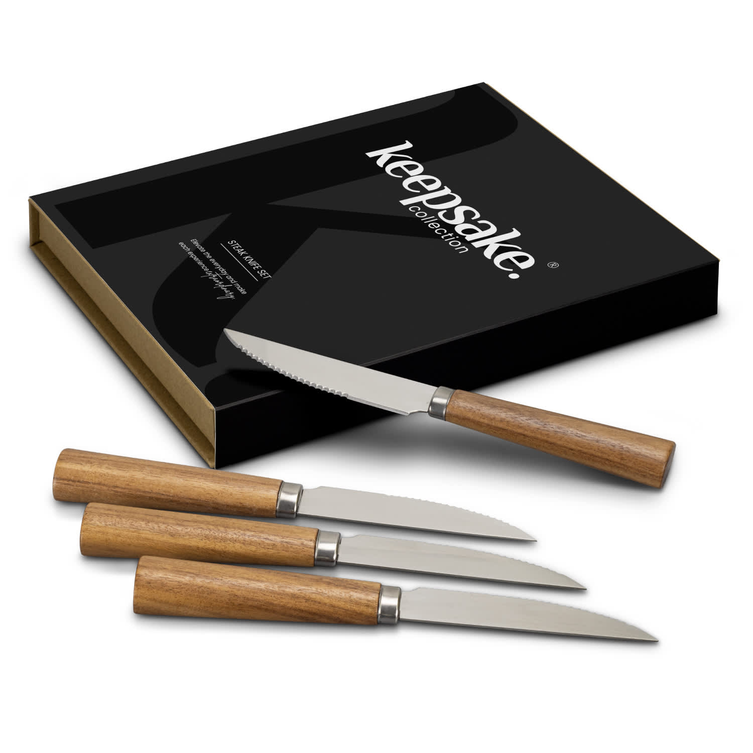 A Keepsake Steak Knife Set featuring four knives with stainless steel blades and wooden handles, presented in a black box. Keepsake Steak Knife Set - Image 1