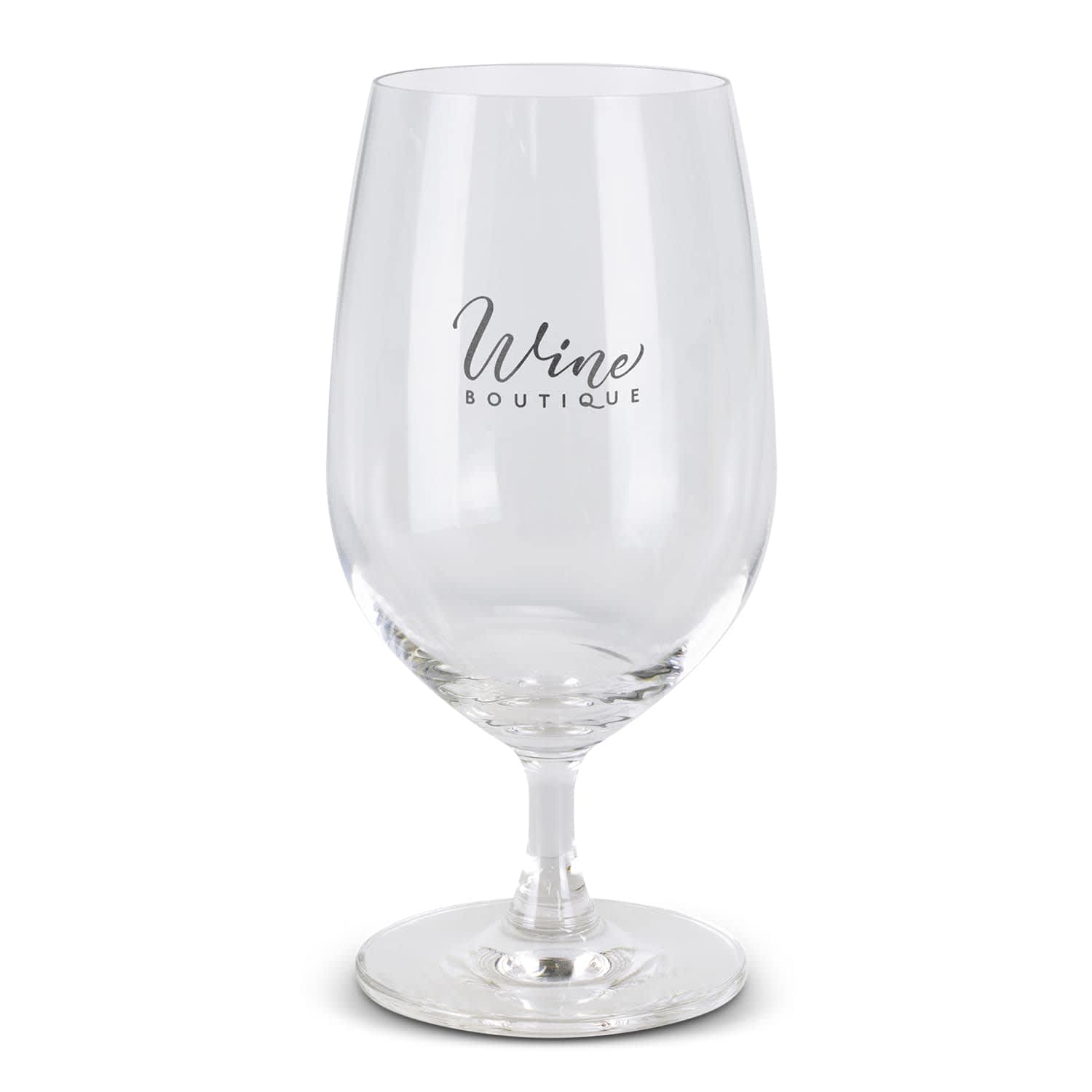 A clear wine glass with a curved bowl and a sturdy base, featuring a logo. Maldive Beer Glass - Image 1