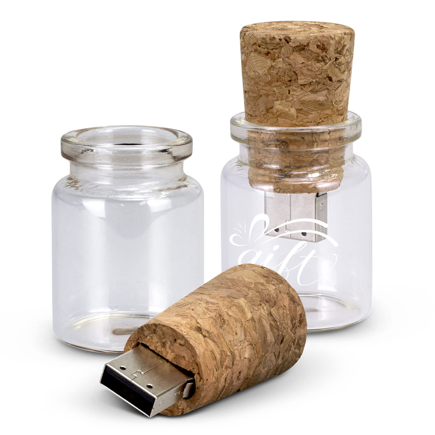 A drink bottle-shaped flash drive with a cork stopper, featuring a clear glass design and a logo. Bottle Flash Drive 8GB - Image 1