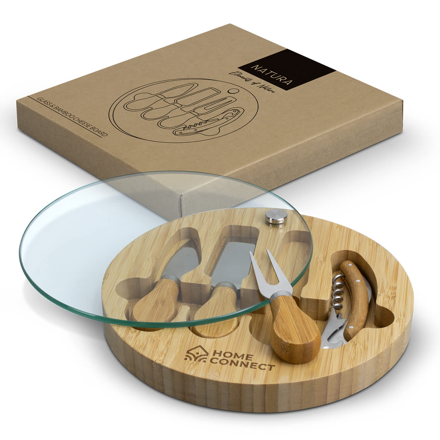 A bamboo cheese board with a glass top and wooden utensils, featuring a logo on the board. NATURA Glass & Bamboo Cheese Board - Image 1