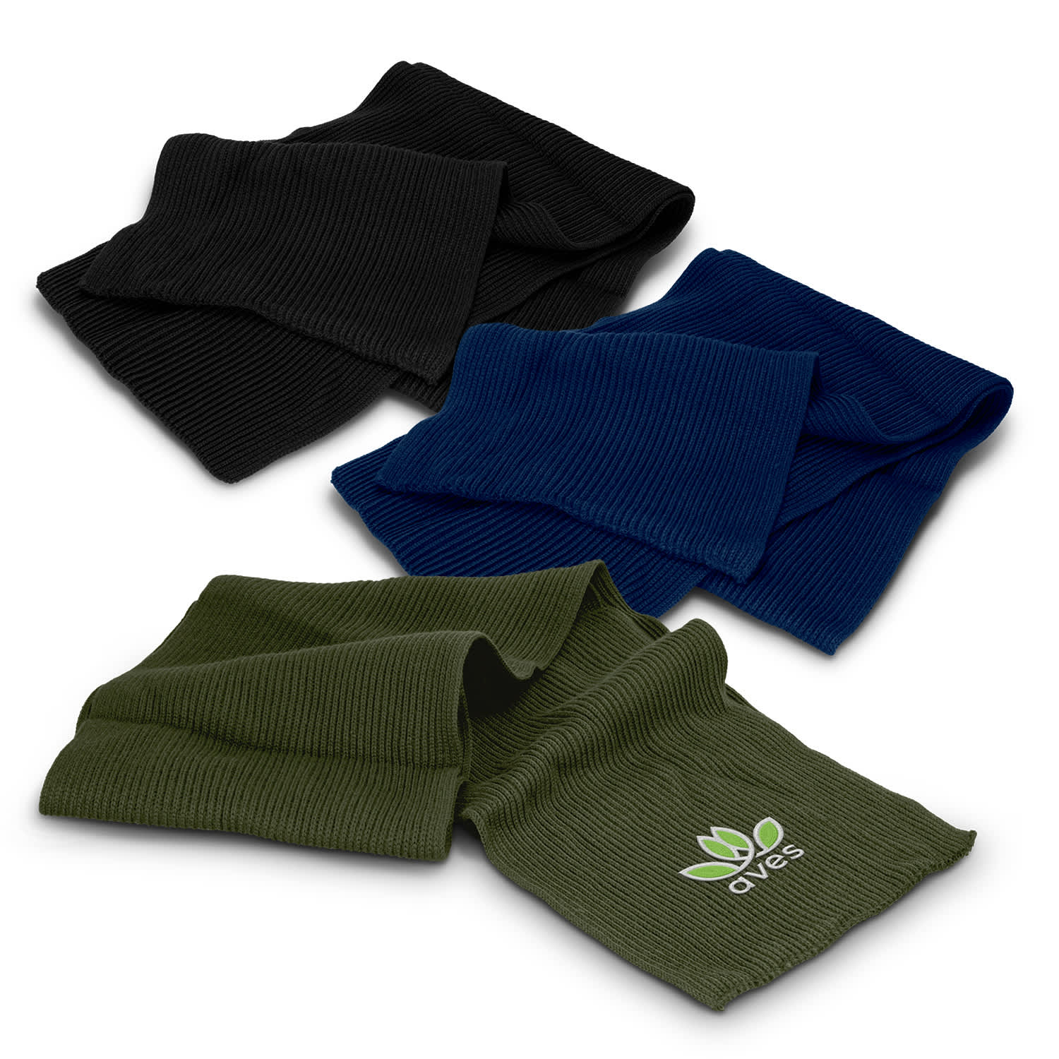 A collection of Denali scarves in black, navy, and olive green, featuring a logo on the olive scarf. Denali Scarf - Image 1
