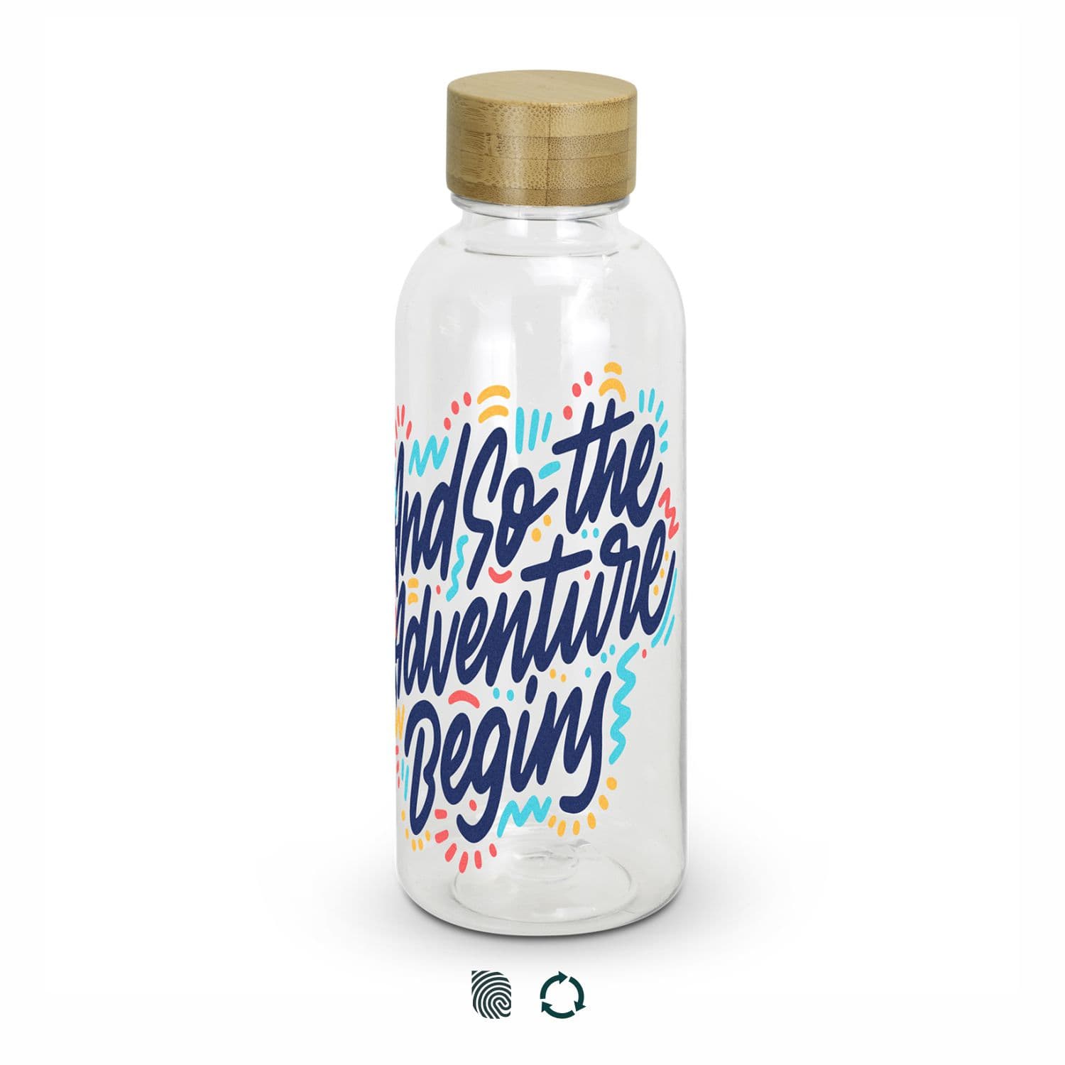 A drink bottle with a clear body and a wooden lid, featuring colourful text designs. RPET Bottle - Image 1
