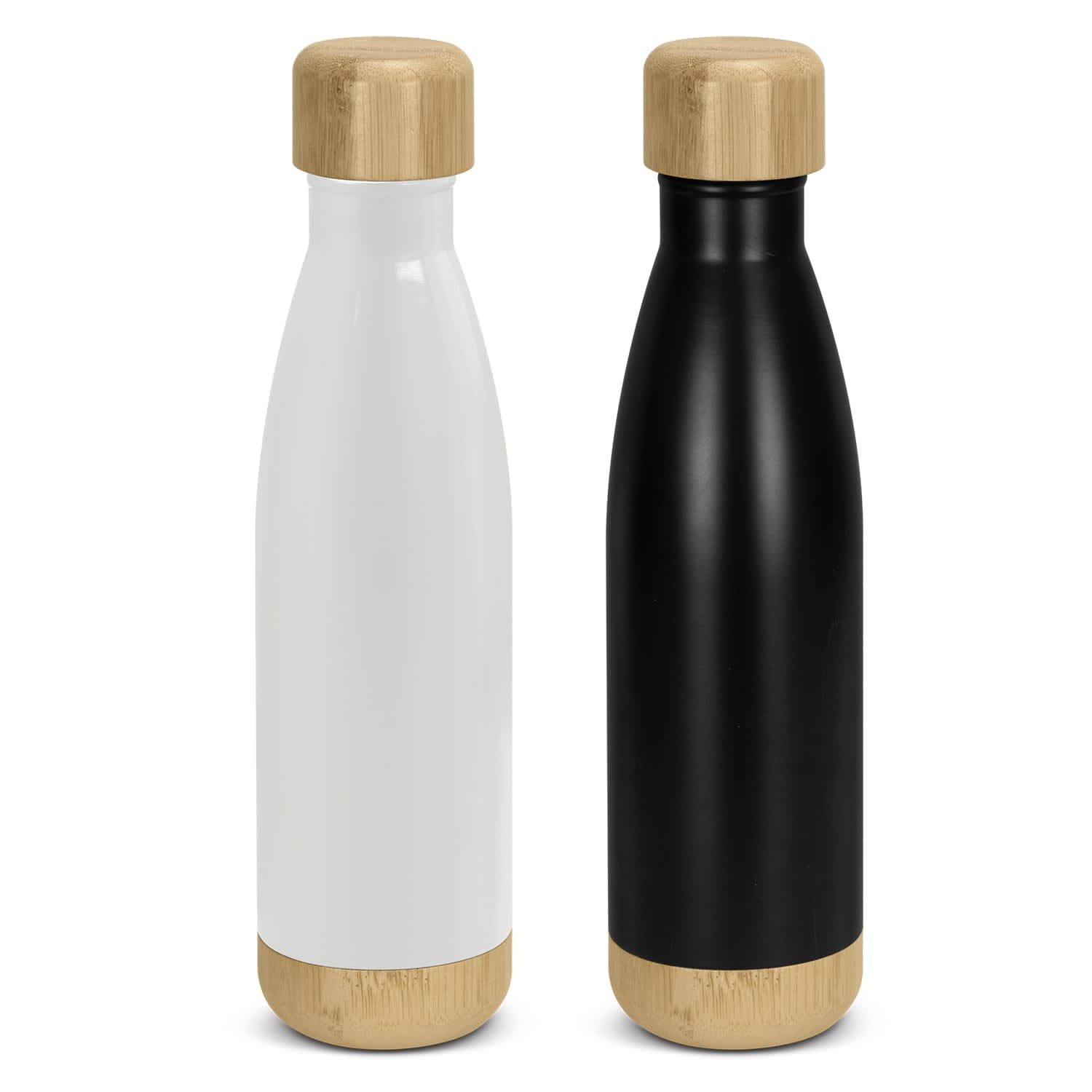 A drink bottle pair in white and black, each featuring a bamboo lid and base, with a sleek, modern design. Mirage Vacuum Bottle - Bambino - Image 1