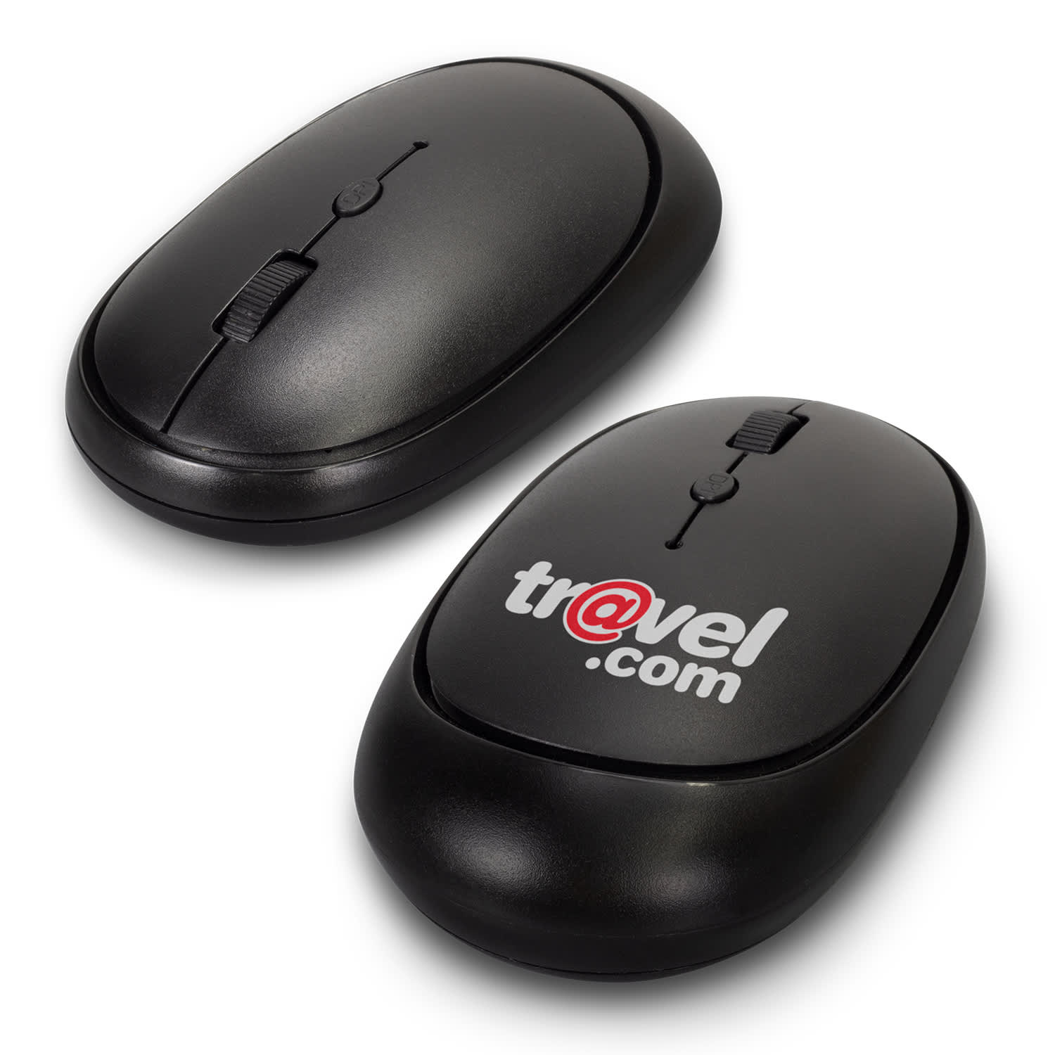 Astra Wireless Travel Mouse in black with a logo on the surface, featuring a scroll wheel and ergonomic design. Astra Wireless Travel Mouse - Image 1
