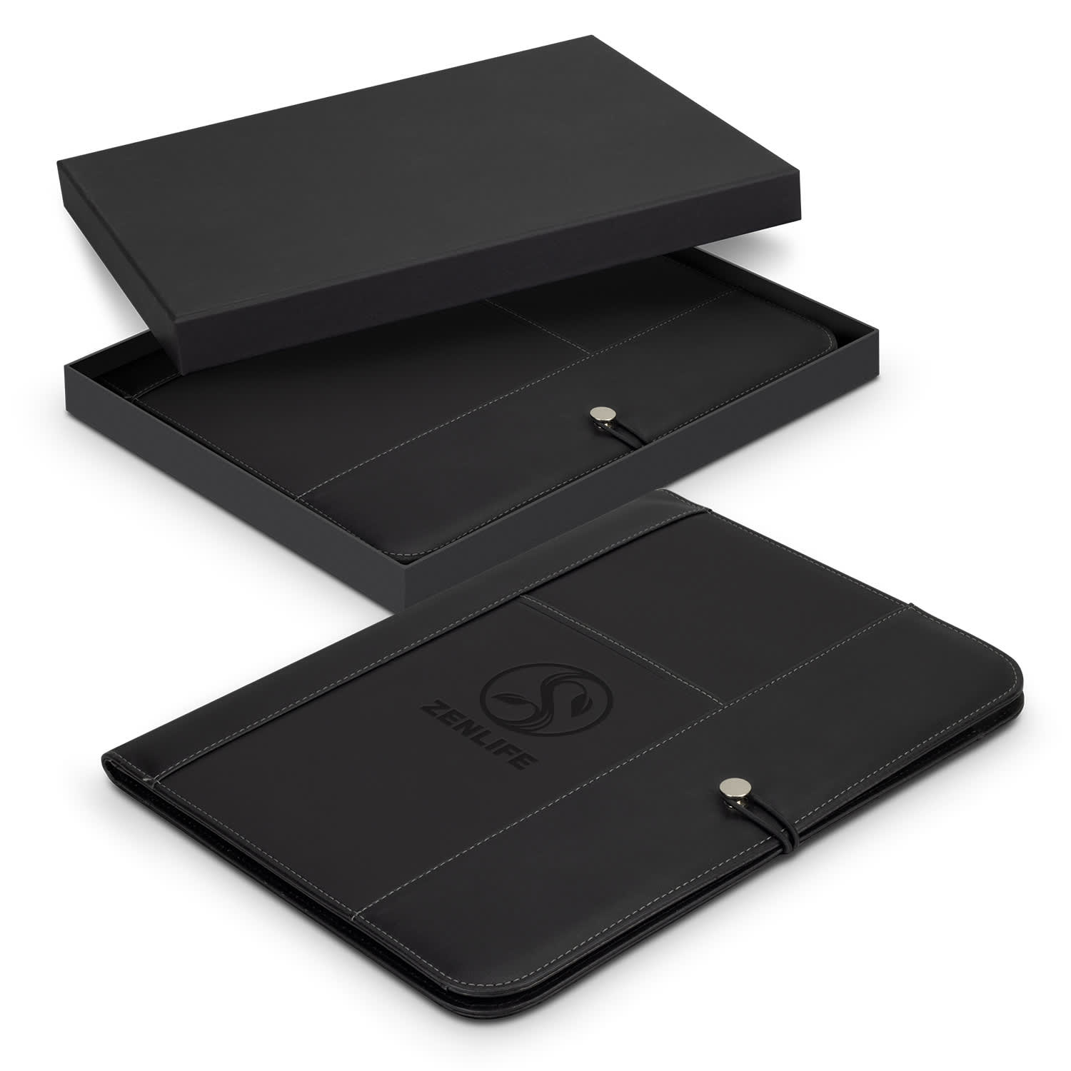 A black portfolio with a logo, displayed inside an open black box, showcasing its elegant design. Melrose Portfolio - Image 1