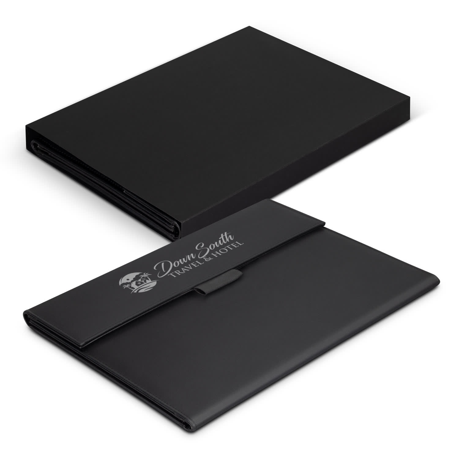 A black portfolio featuring a flap closure and an embossed logo, suitable for office and business use. Lancaster Portfolio - Image 1