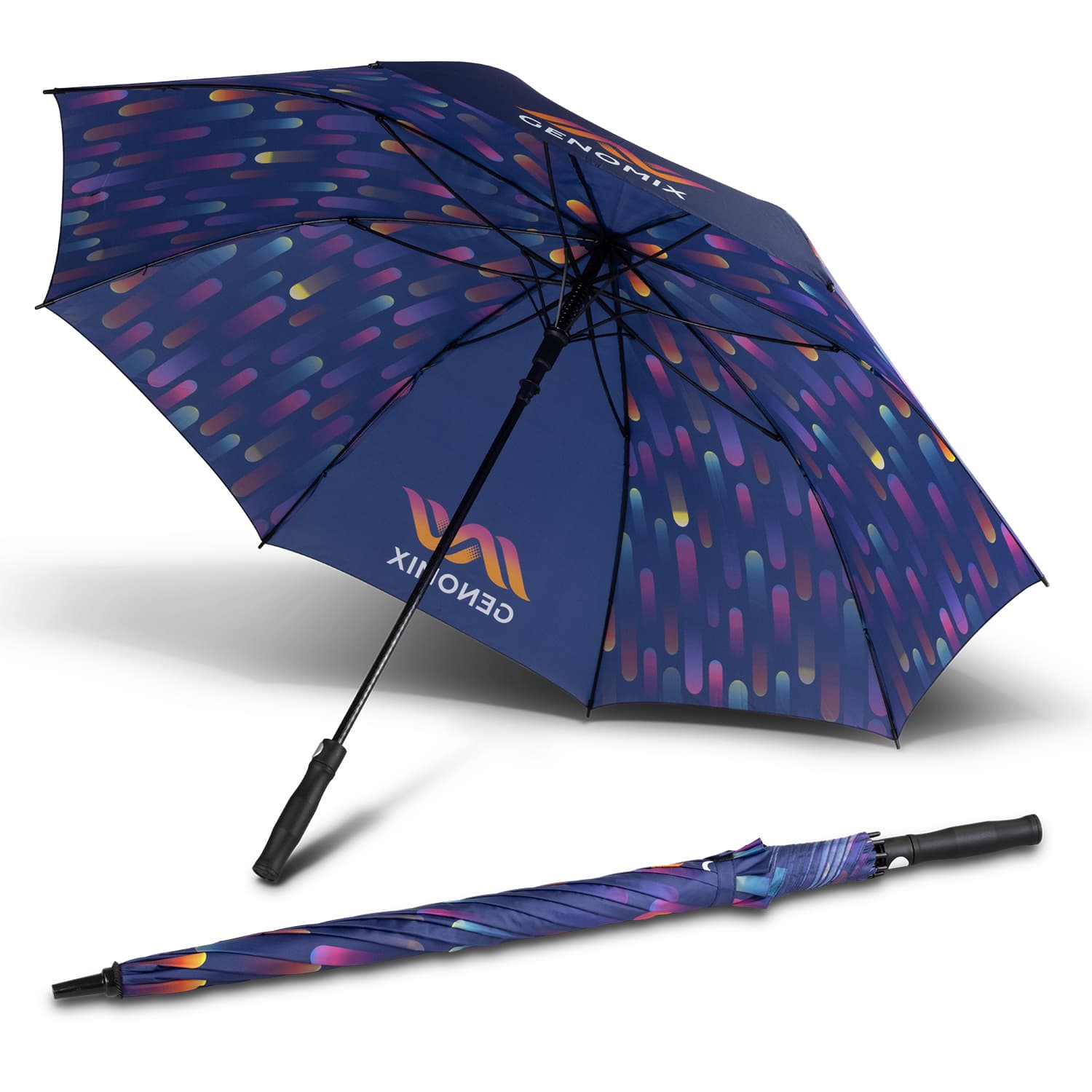 A full colour umbrella with a navy blue background and a vibrant, patterned canopy, featuring a black handle and a logo. Full Colour Umbrella - Image 1