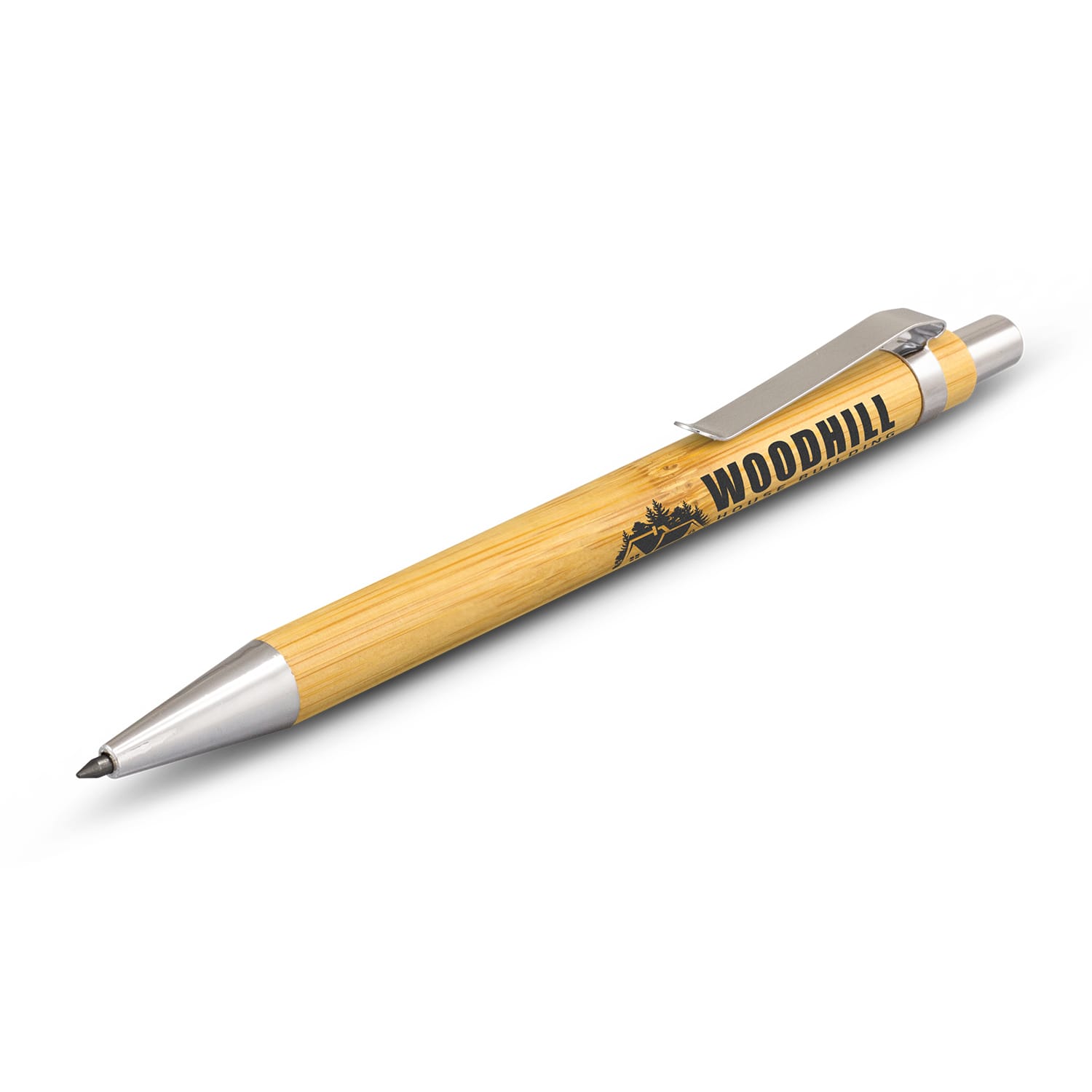 A bamboo inkless pen with a metal tip and clip, featuring a logo on the barrel. Ancona Bamboo Inkless Pen - Image 1
