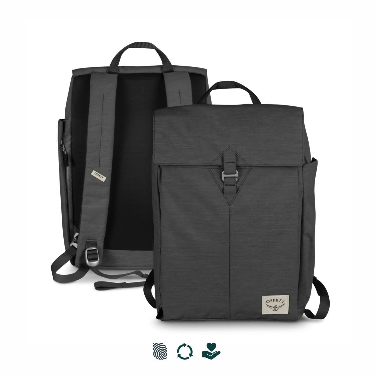A grey Osprey Arcane Flap Backpack with adjustable straps and a buckle closure, featuring a logo. Osprey Arcane Flap Backpack - Image 1